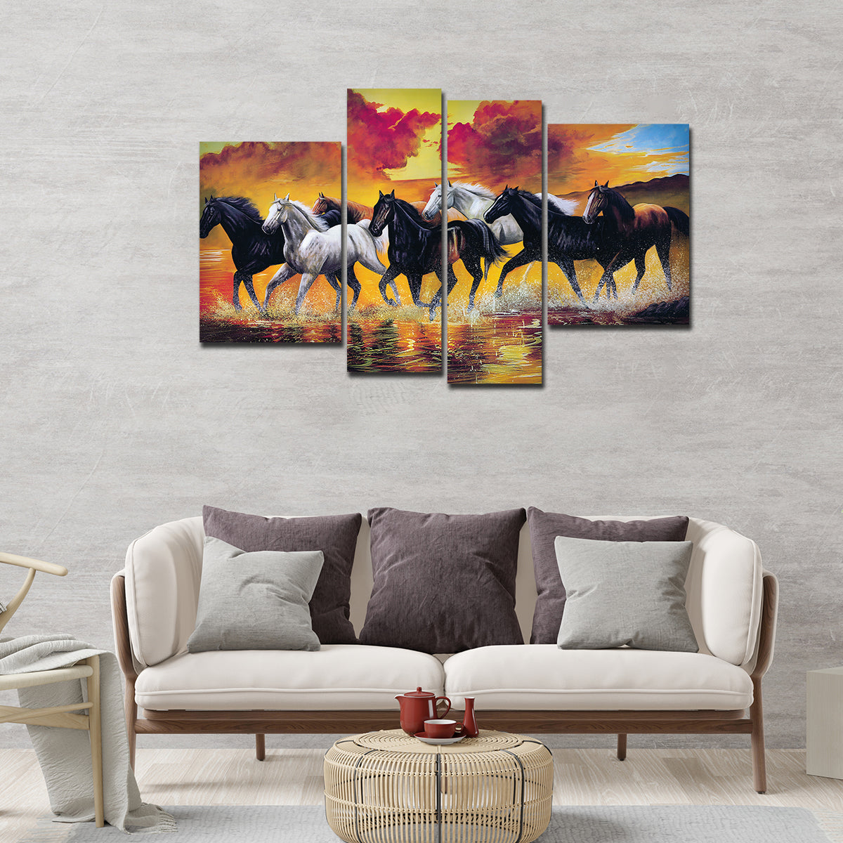 Horses Running Through the Splashes of Water Canvas Wall Painting