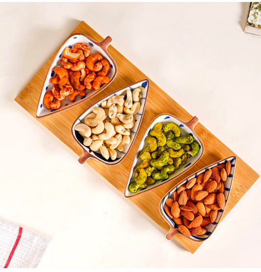 4 Small Leaf-Shaped Plates with 1 Wooden Tray