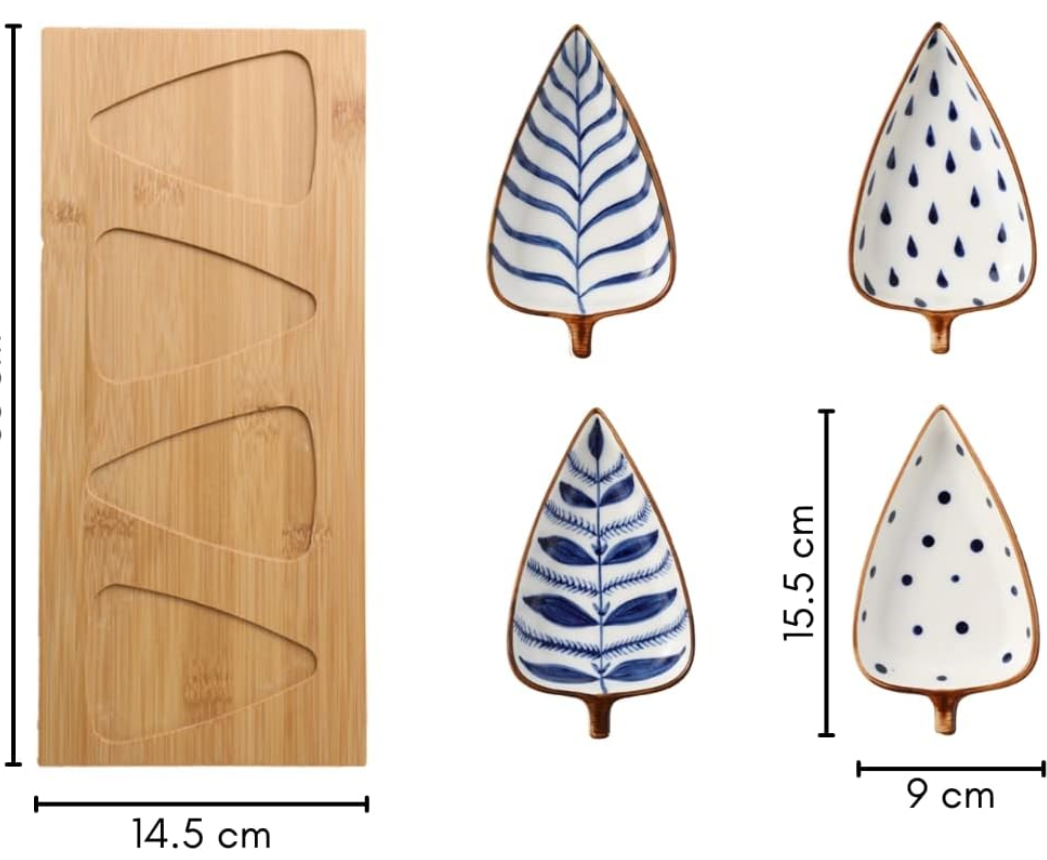 4 Small Leaf-Shaped Plates with 1 Wooden Tray