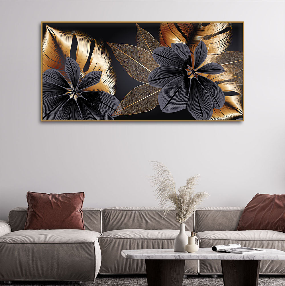 Flowers with Golden Monstera Leaves Wall Painting