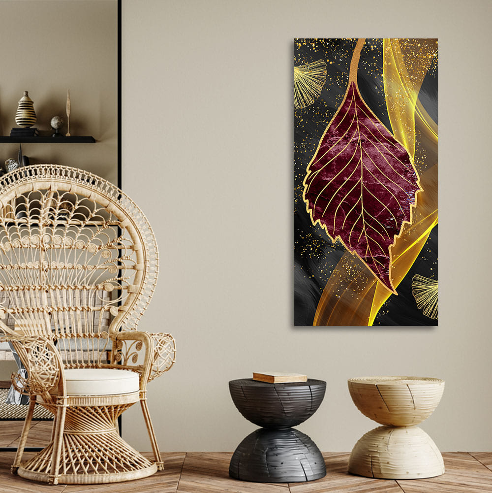 Golden Waves Shapes Turquoise and Red Leaf Feather Canvas Wall Painting