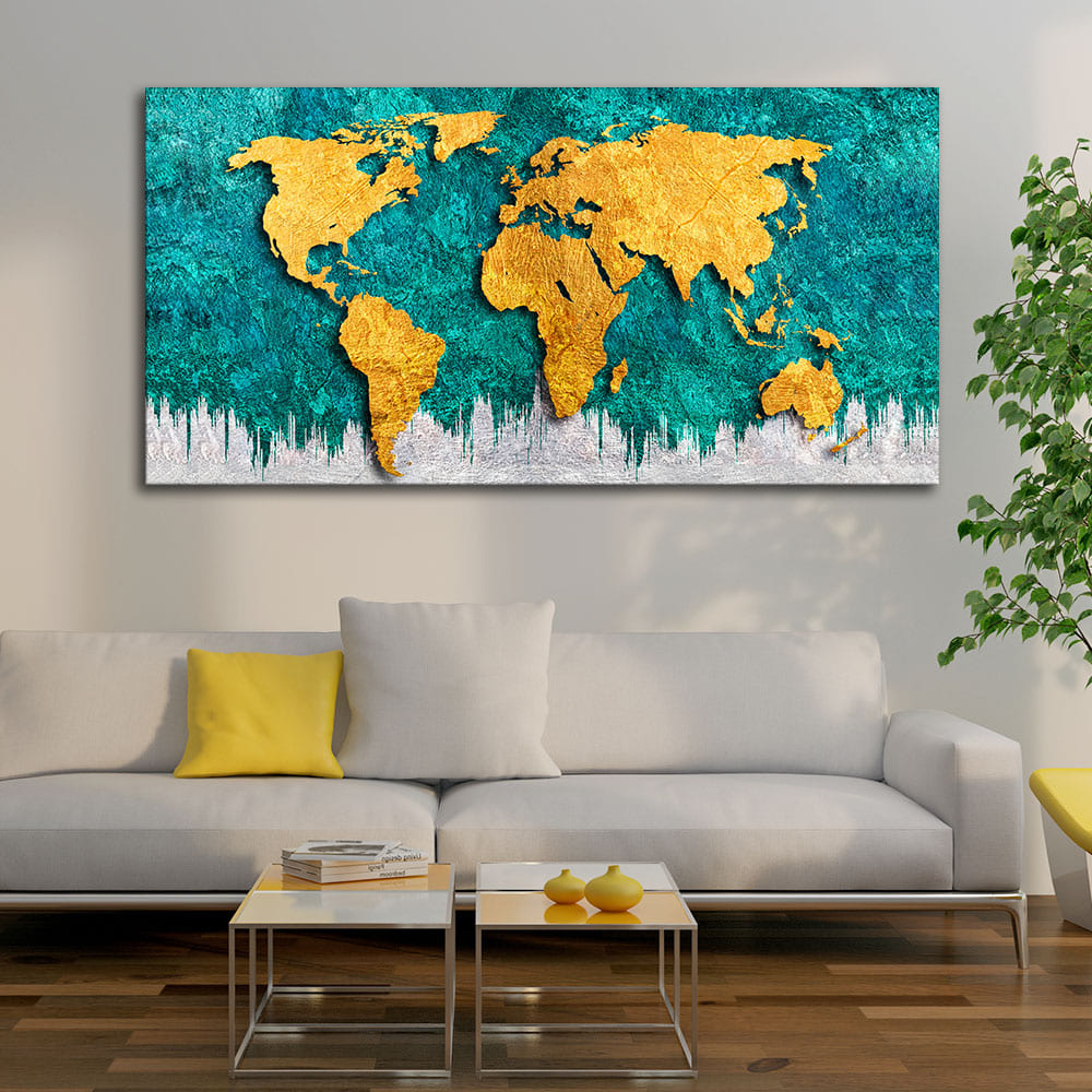 Play video Golden World Map Canvas Wall Painting