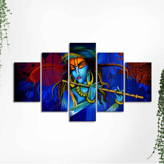 Premium 5 Pieces Wall Painting of Lord Kanha Playing Flute