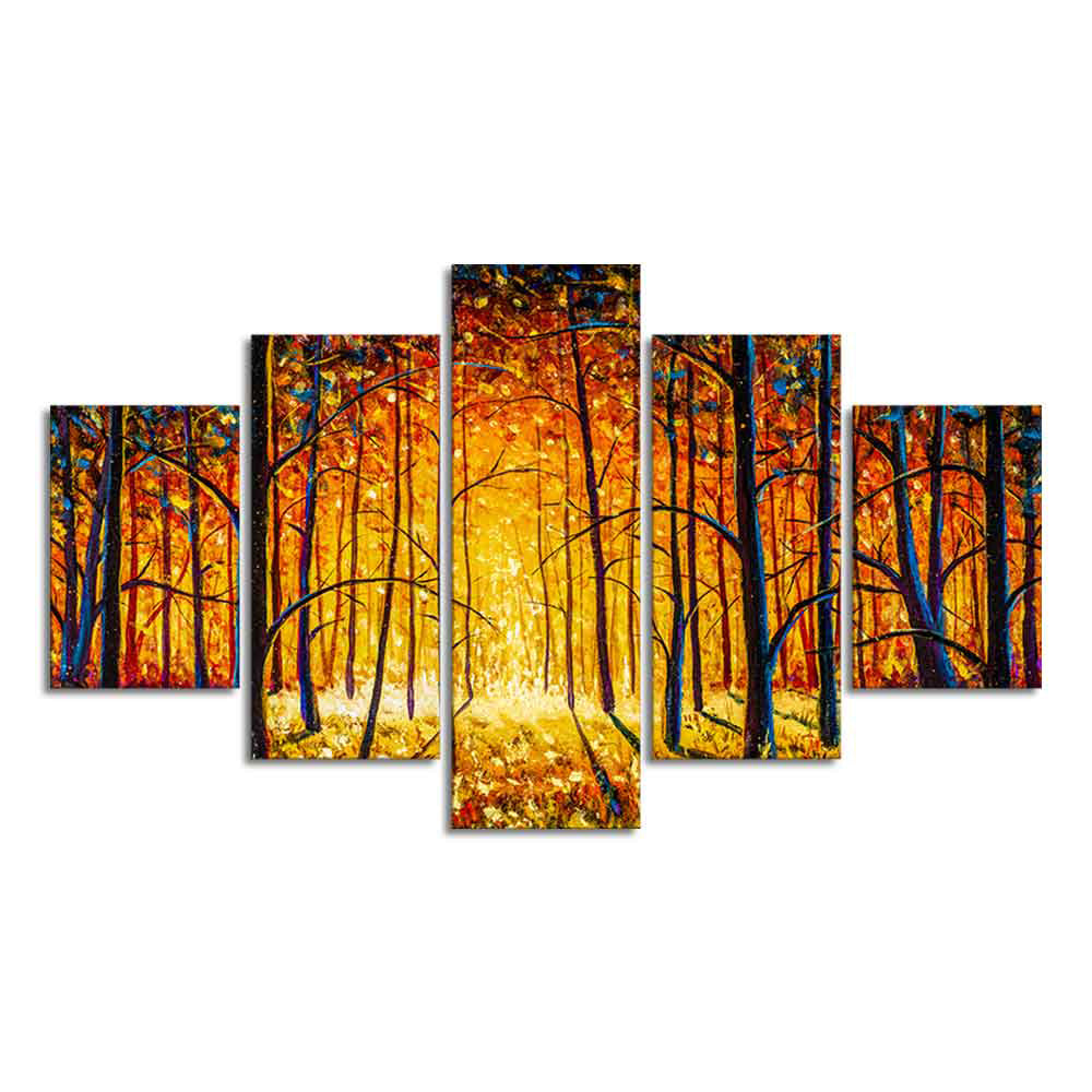 Premium 5 Pieces Wall Painting of Sunny Tree Forest